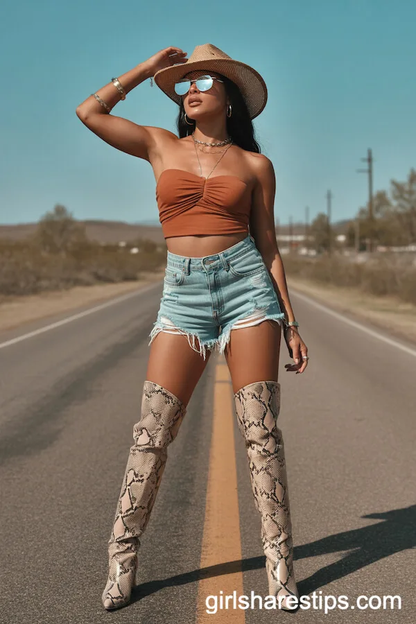 Burnt Orange Bandeau with Ripped Shorts and Snake-Print Boots
