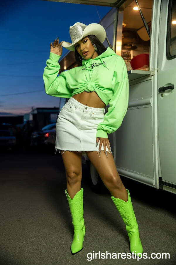 Neon Green Crop Hoodie with White Mini Skirt and Matching Boots