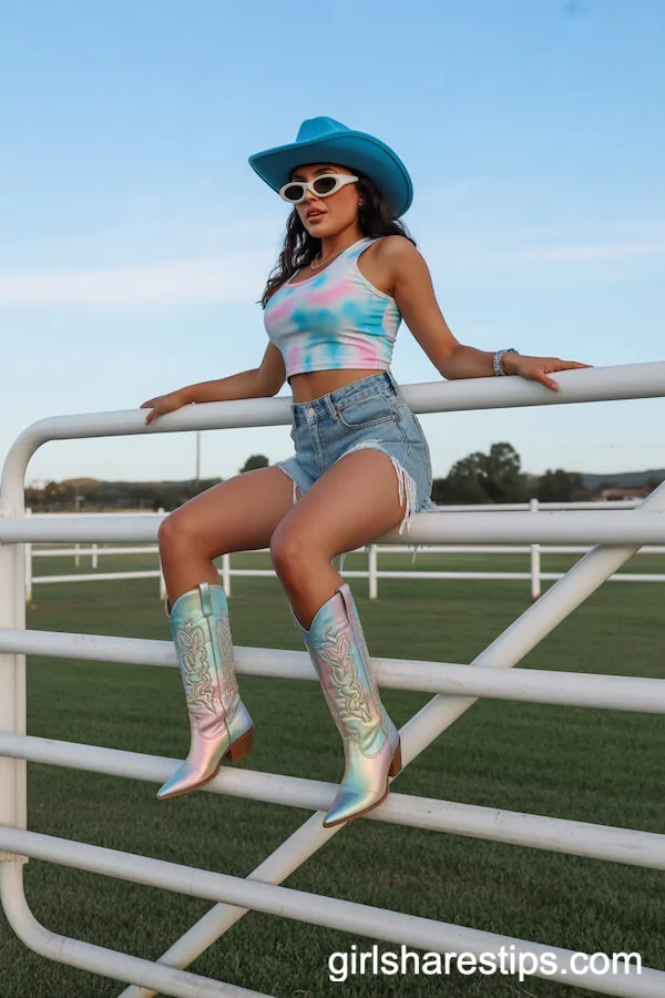 Tie-Dye Crop Top with Distressed Denim Shorts and Pastel Boots