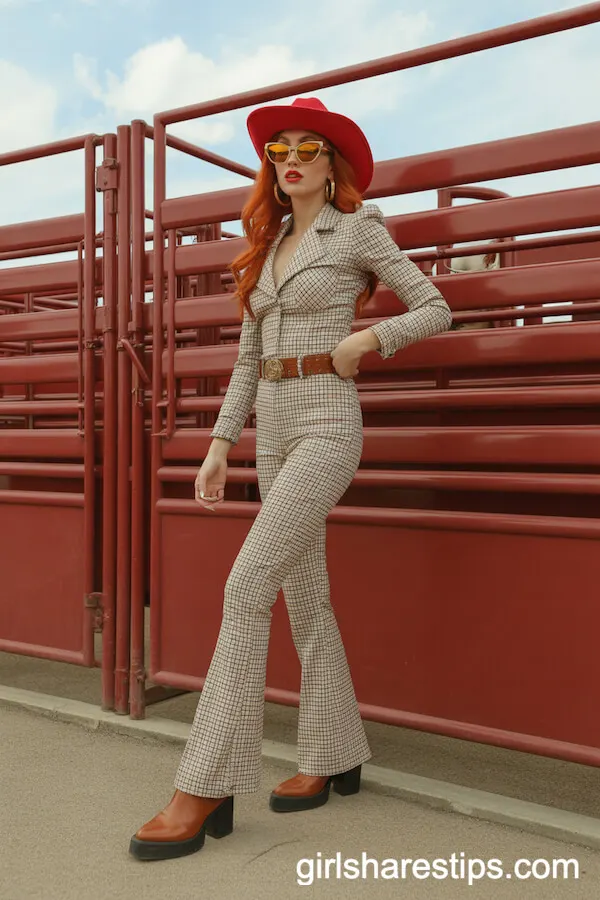 70s Plaid Jumpsuit with Chunky Heeled Boots and Red Cowgirl Hat
