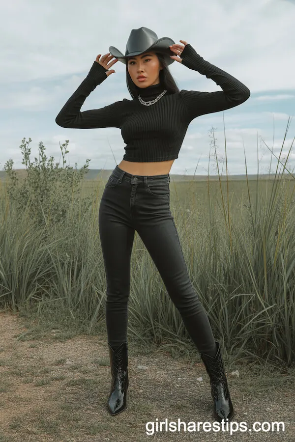 All-Black Turtleneck Crop and Skinny Jeans with Statement Hat