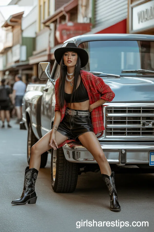 Red Plaid Oversized Shirt with Leather Shorts and Chunky Boots