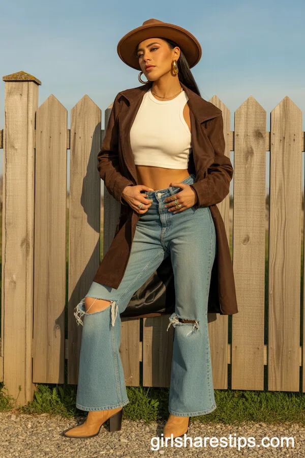 Chocolate Brown Suede Jacket with Flared Jeans and Velvet Hat
