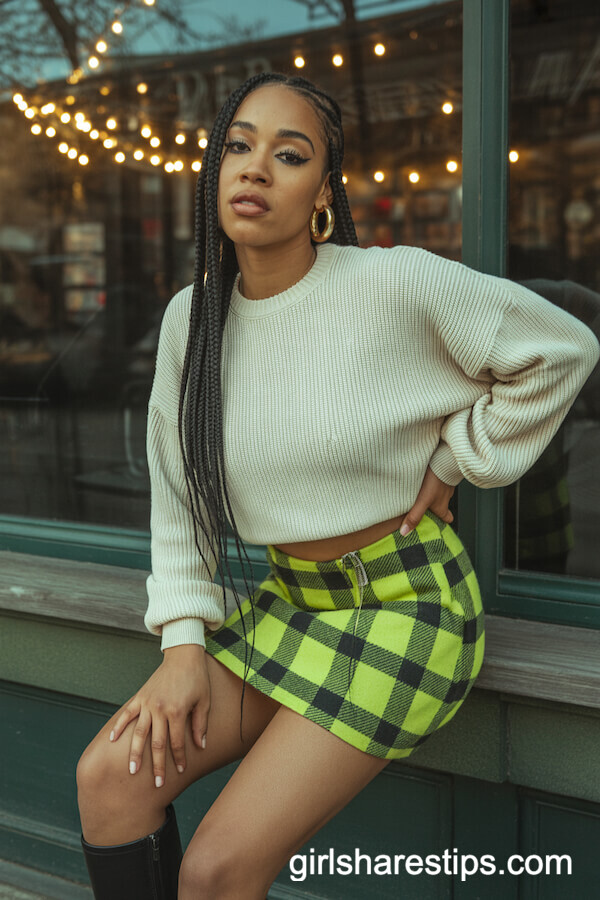 Cropped Sweater and Neon Plaid Mini Skirt Combo