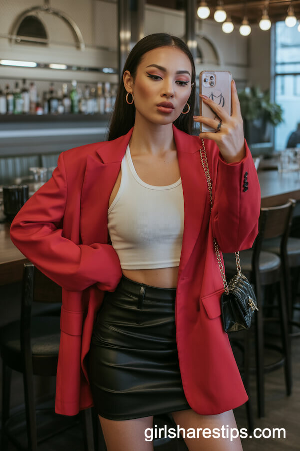 Leather Mini Skirt and Oversized Red Blazer Power Look