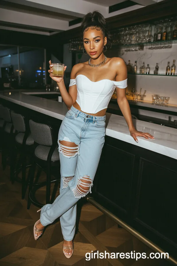 White Off-Shoulder Corset Top and Ripped Jeans