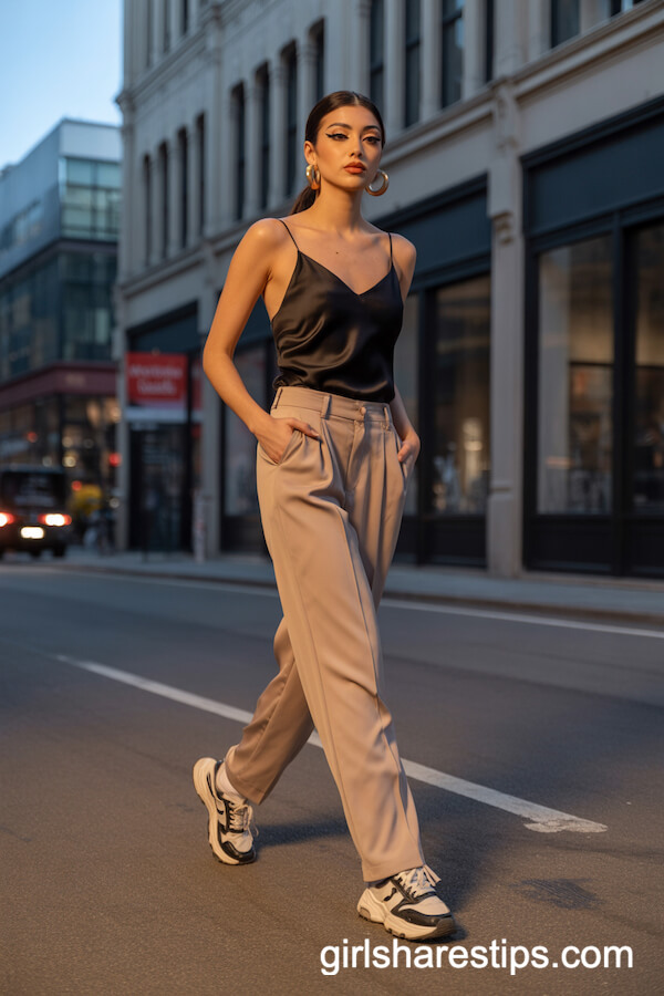 Silk Black Cami High-Waisted Beige Trousers