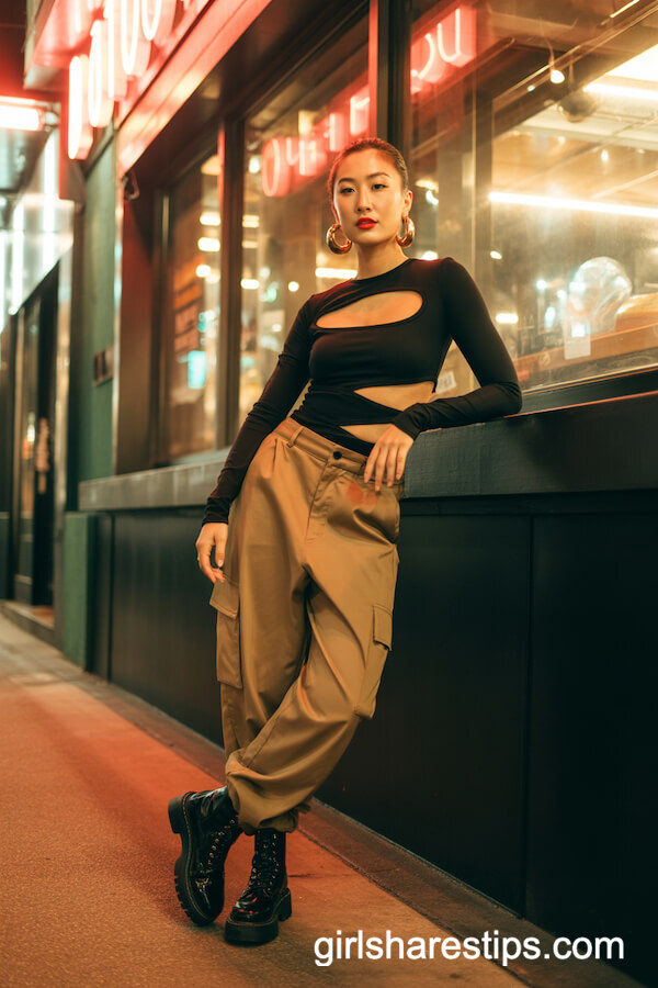 Black Cutout Top & Baggy Cargo Pants