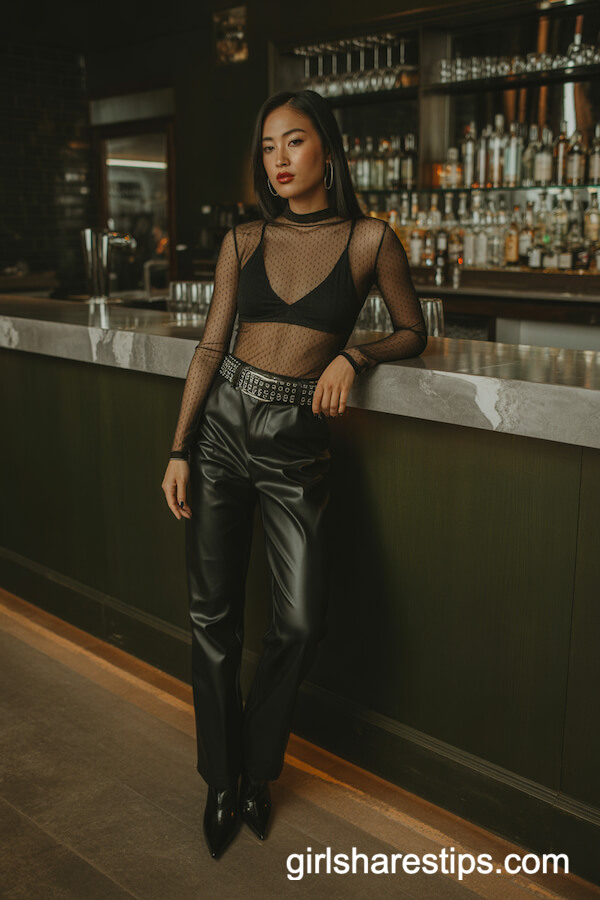 Black Mesh Top Faux Leather Pants