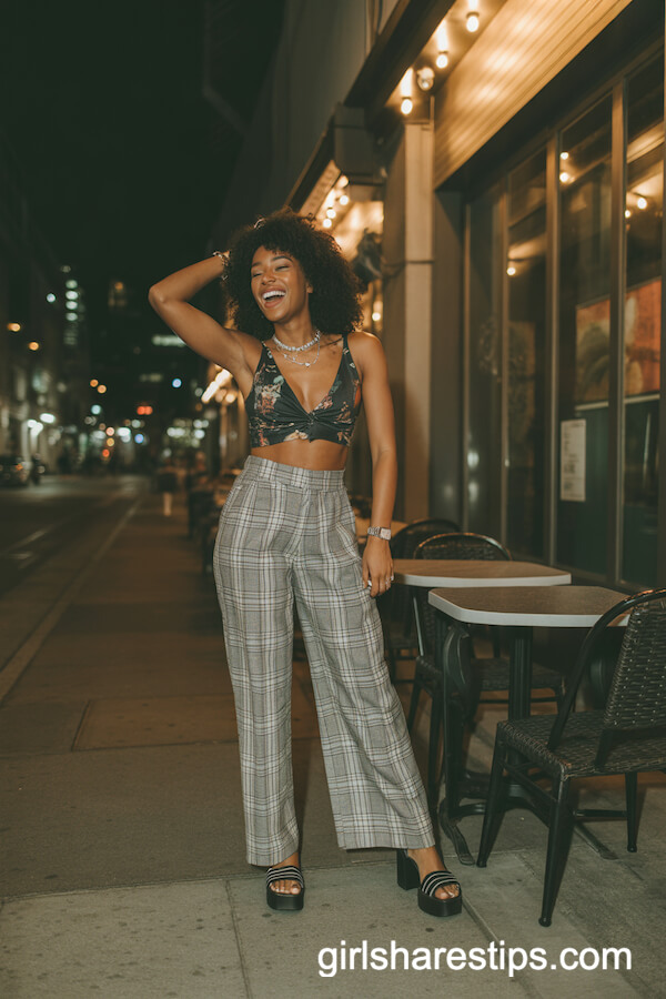 Printed Crop Top & Plaid Wide-Leg Pants