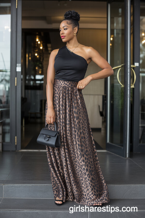 One-Shoulder Top Leopard Print Maxi Skirt