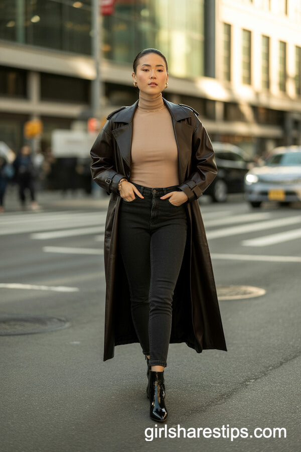Dark Leather Trench Coat & Slim Black Jeans