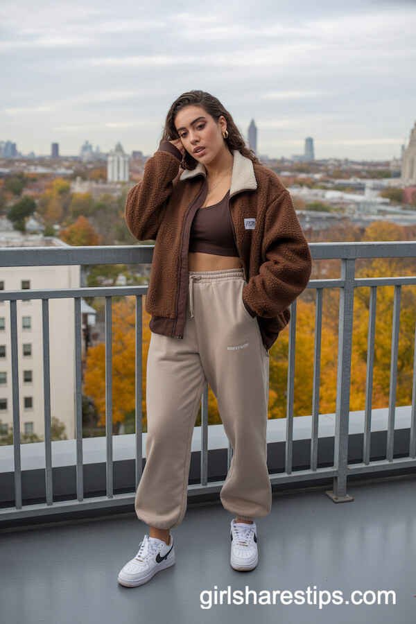 Brown Sherpa Jacket & Beige Joggers