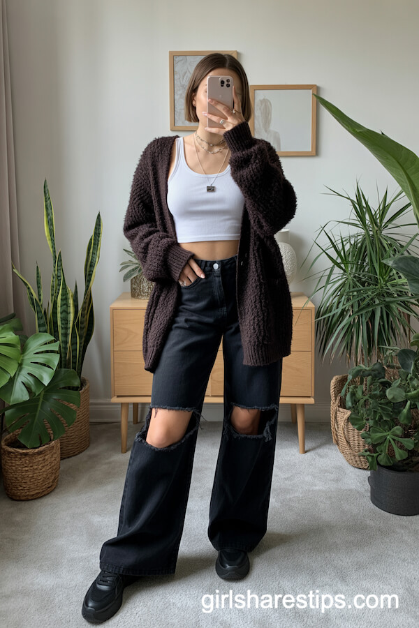 Fluffy Cardigan & Ripped Wide-Leg Jeans