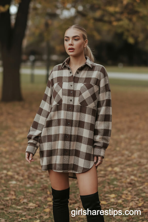 Oversized Plaid Shirt Dress & Thigh-High Boots