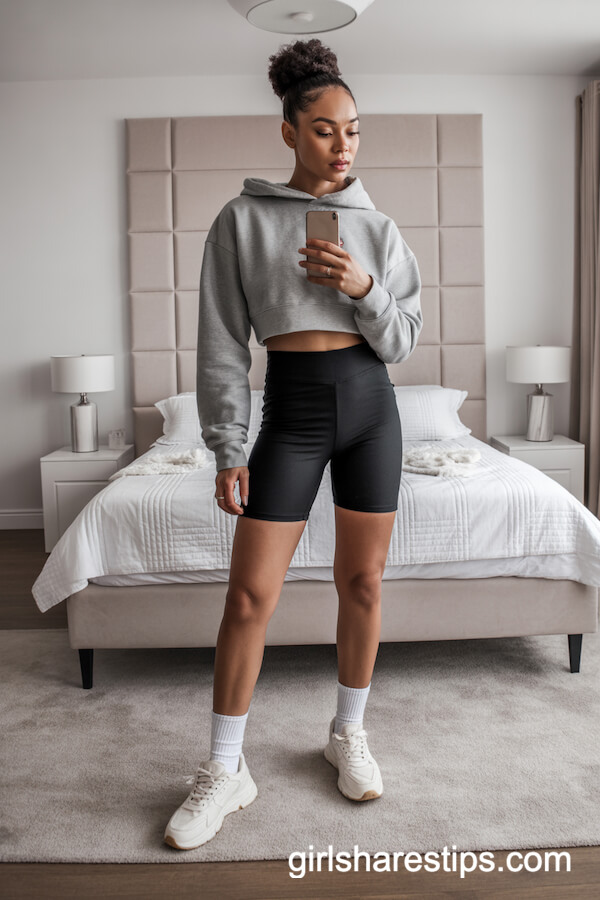 Cropped Grey Hoodie High-Waisted Biker Shorts