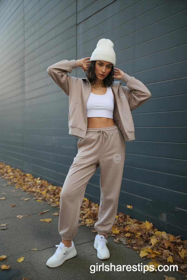 Neutral Tracksuit & White Beanie