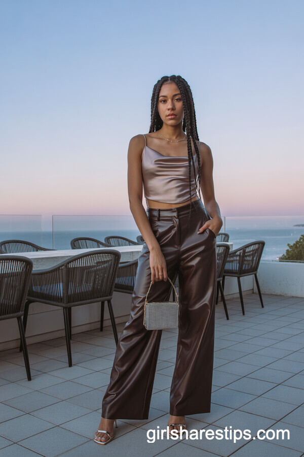 Metallic Silky Camisole with Wide-Leg Trousers