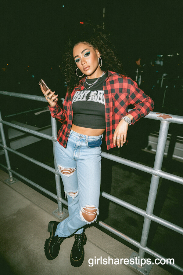 Flannel Cropped Shirt with Band Tee