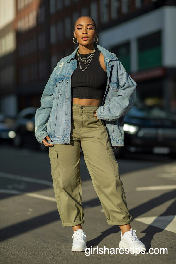 Distressed Denim Jacket with Cargo Pants