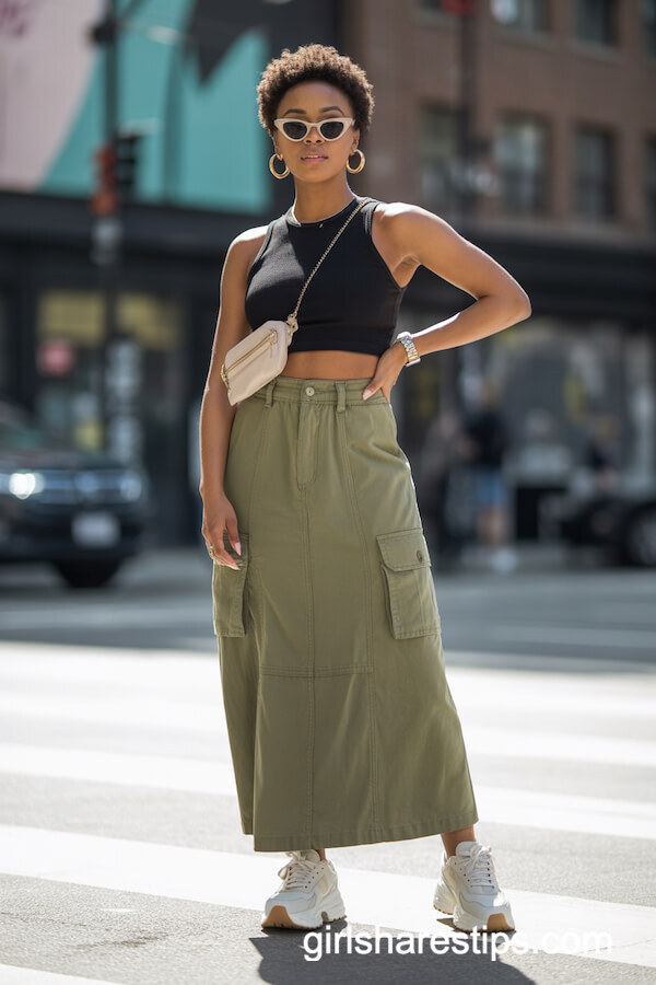 Khaki Cargo Maxi Skirt with Crop Top and Chunky Sneakers