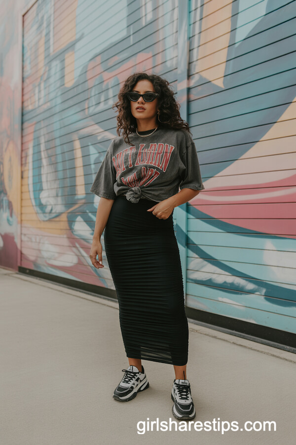 Ruched Black Bodycon Maxi Skirt with Graphic Tee