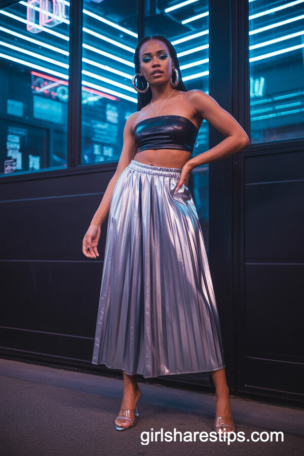 Metallic Silver Long Skirt with Black Tube Top