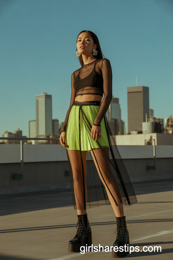 Black Mesh Overlay Skirt with Neon Slip Skirt