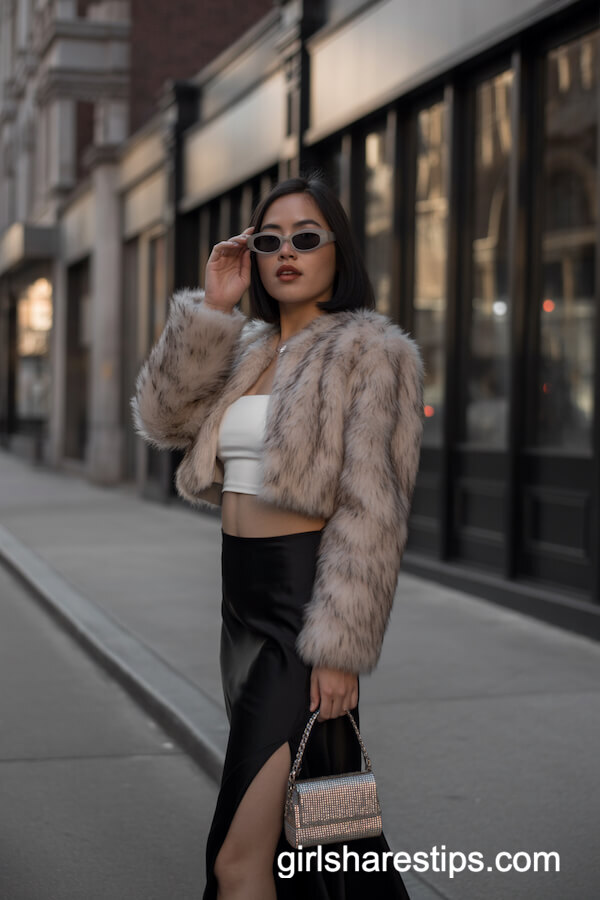 Slinky Black Satin Skirt with Faux Fur Cropped Jacket