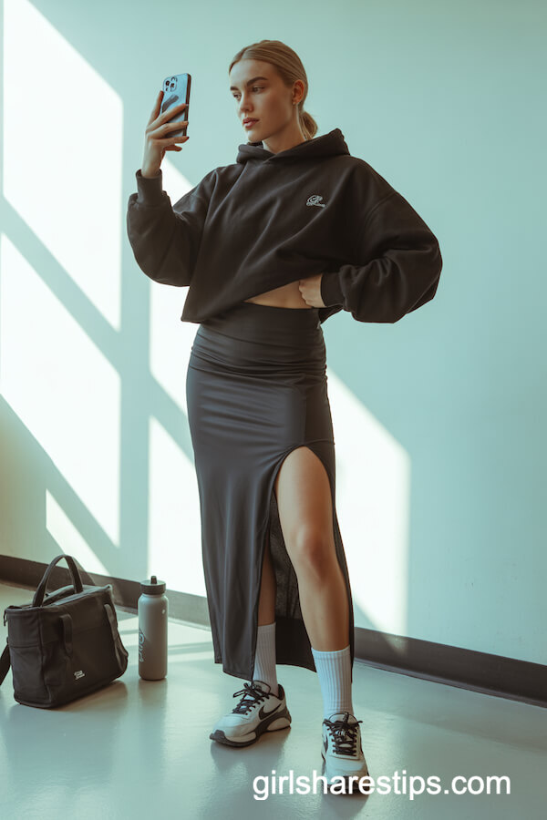 Body-Hugging Black Maxi Skirt with Oversized Hoodie