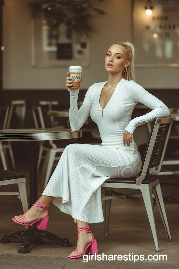 Ribbed White Long Skirt with Neon Pink Heels
