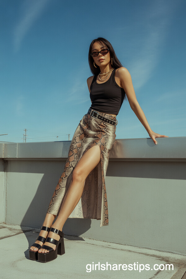 High-Slit Snake Print Long Skirt with Fitted Tank Top