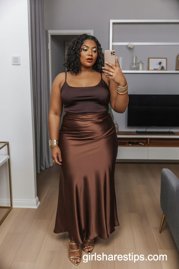 Chocolate Brown Satin Maxi Skirt with Strappy Heels