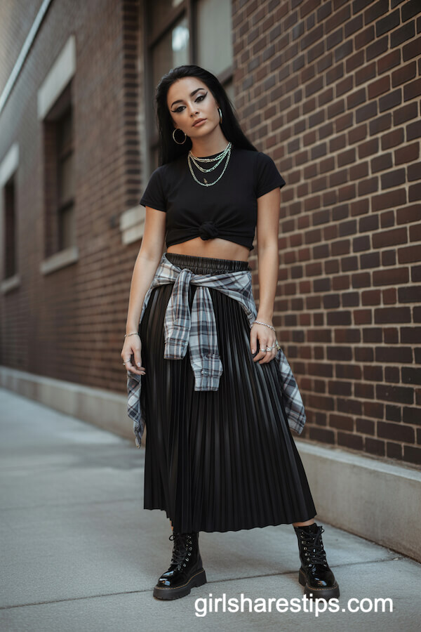 Black Pleated Long Skirt with Cropped Band Tee