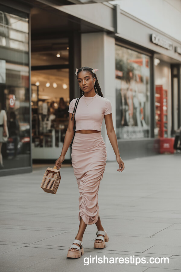 Pastel Pink Ruched Long Skirt with Baby Tee