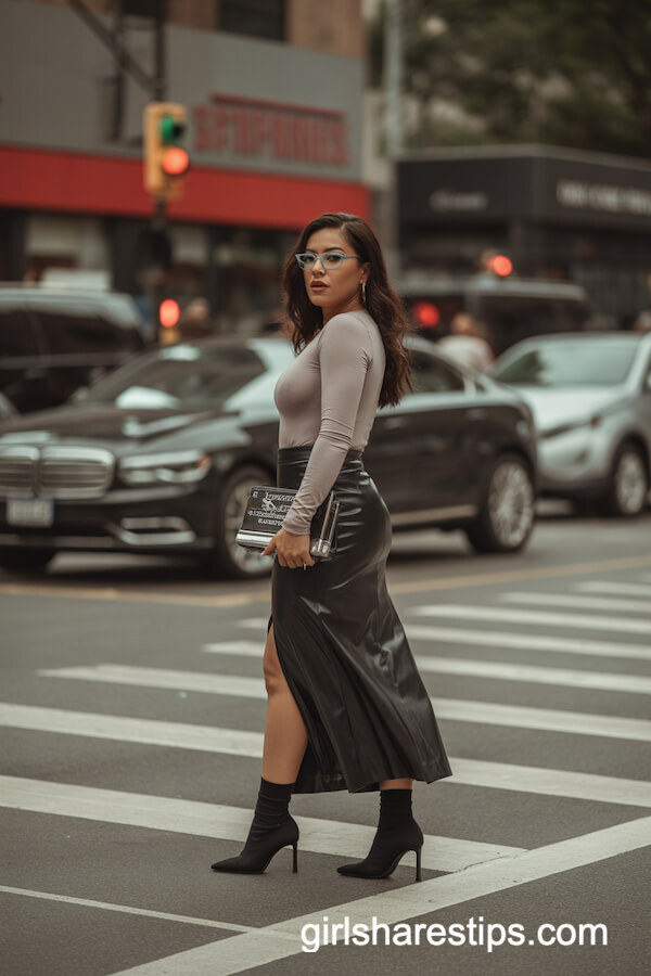 High Waist Faux Leather Long Skirt with Heeled Boots