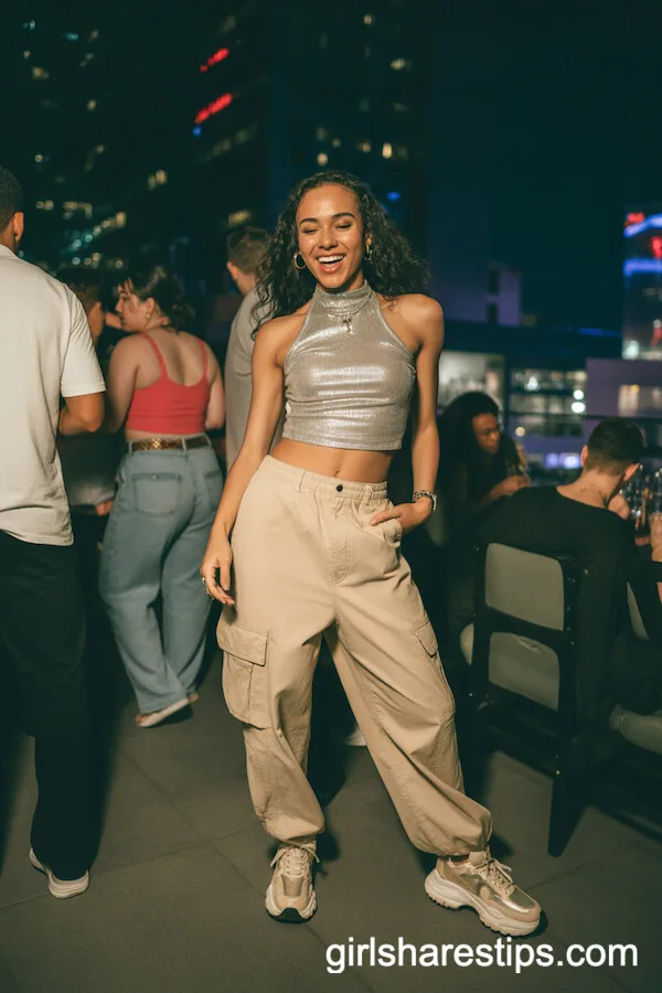 Beige Cargo Pants with Silver Halter Top