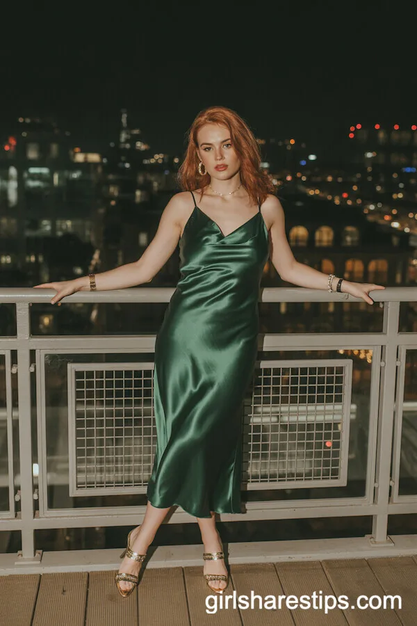 Emerald Green Satin Slip Dress with Gold Accessories