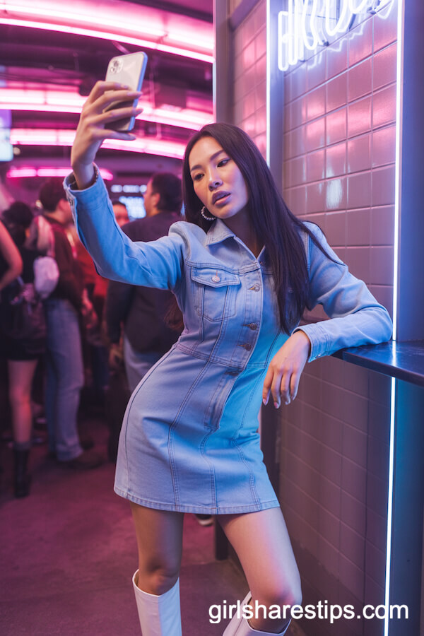 Denim Mini Dress with Knee-High White Boots