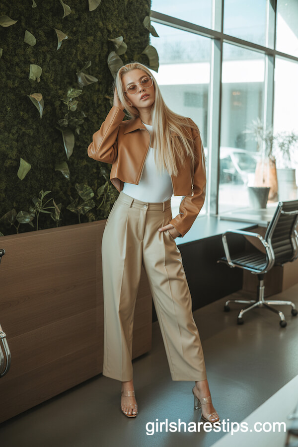 High-Waisted Beige Trousers with Cropped Leather Jacket