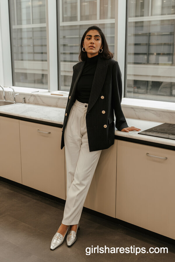 White Trousers and Pinstripe Blazer