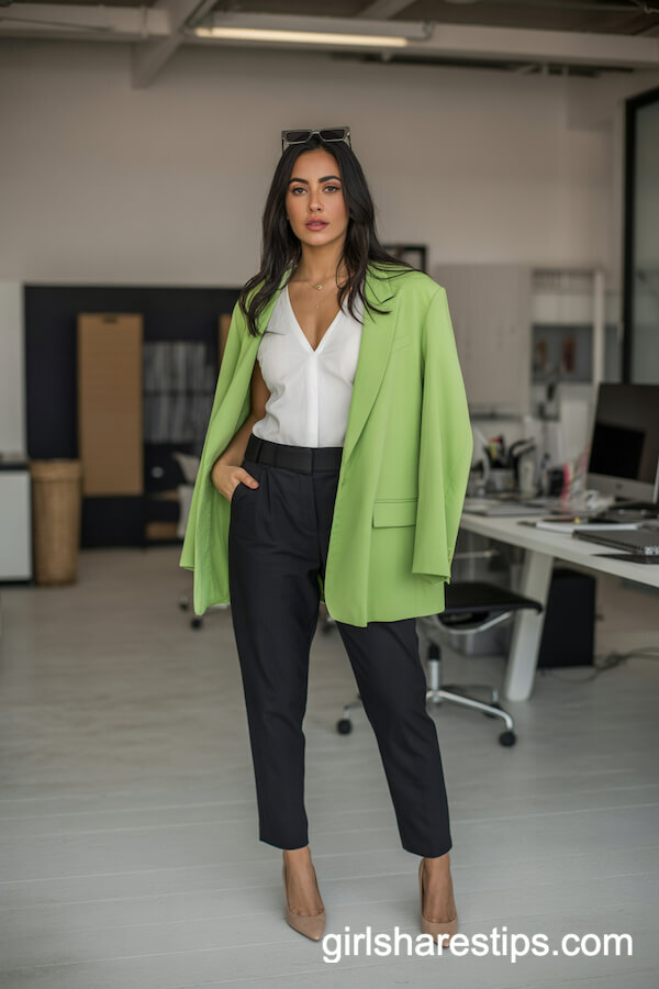 Black Ankle Pants with Neon Green Blazer
