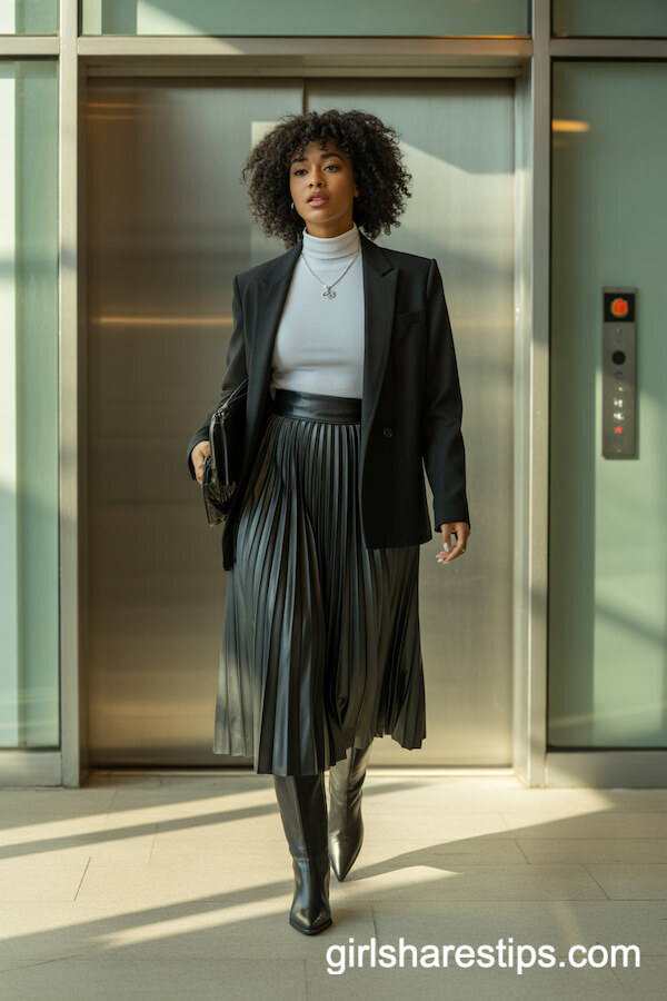 Charcoal Grey Pleated Midi Skirt Knee-High Boots