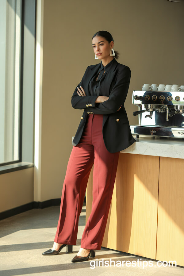 High-Waisted Red Trousers and Cropped Blazer