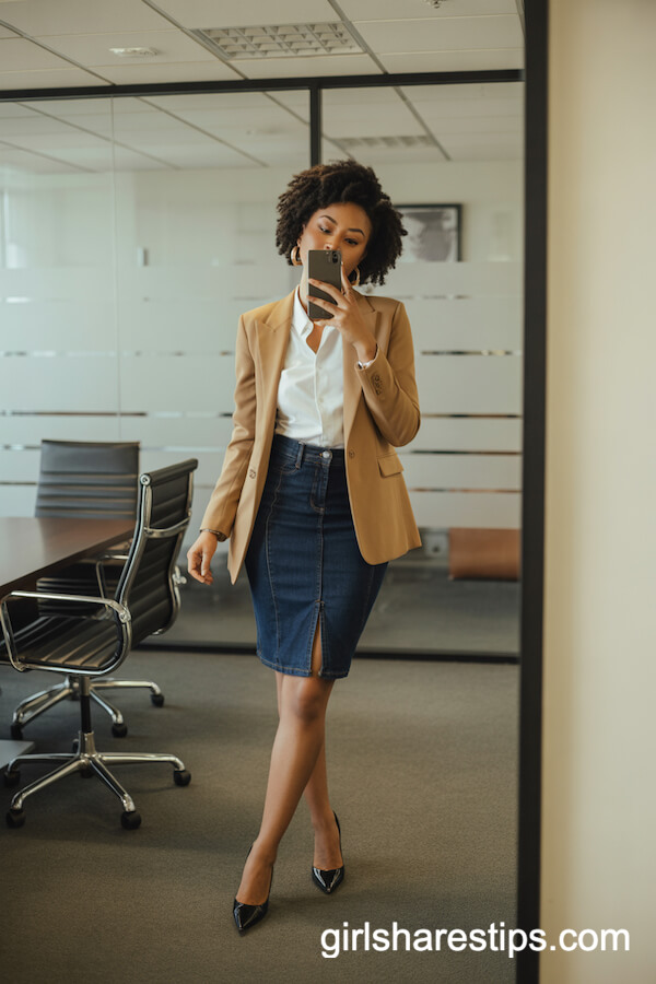 Dark Denim Pencil Skirt with Camel Blazer