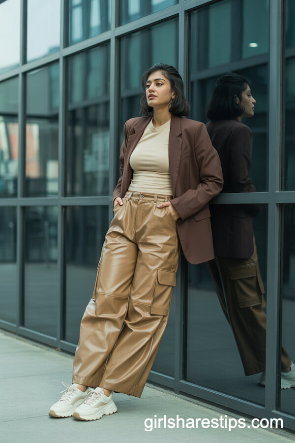 Tan Wide-Leg Cargo Pants Chocolate Blazer