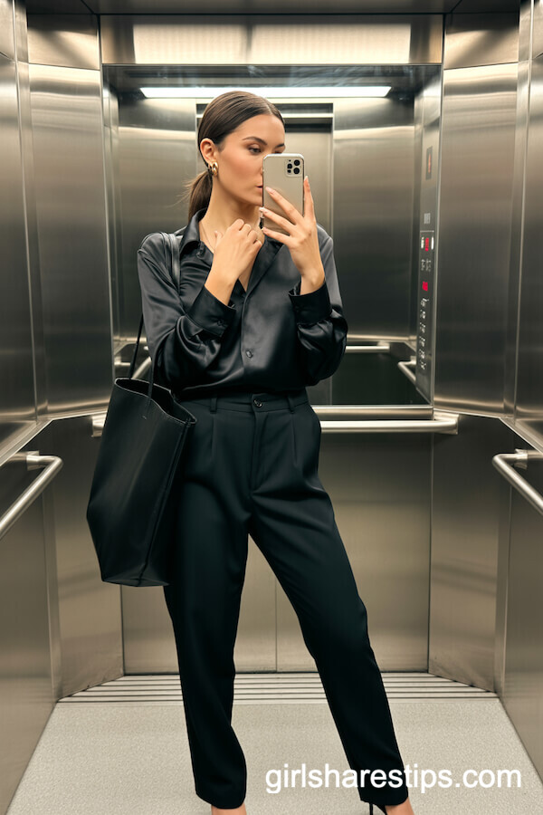 Black Satin Blouse and Fitted Trousers