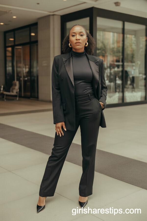 Tailored Black Pantsuit with Gold Jewelry