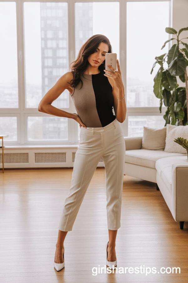 Black and Taupe Colorblock Top with Cream Pants