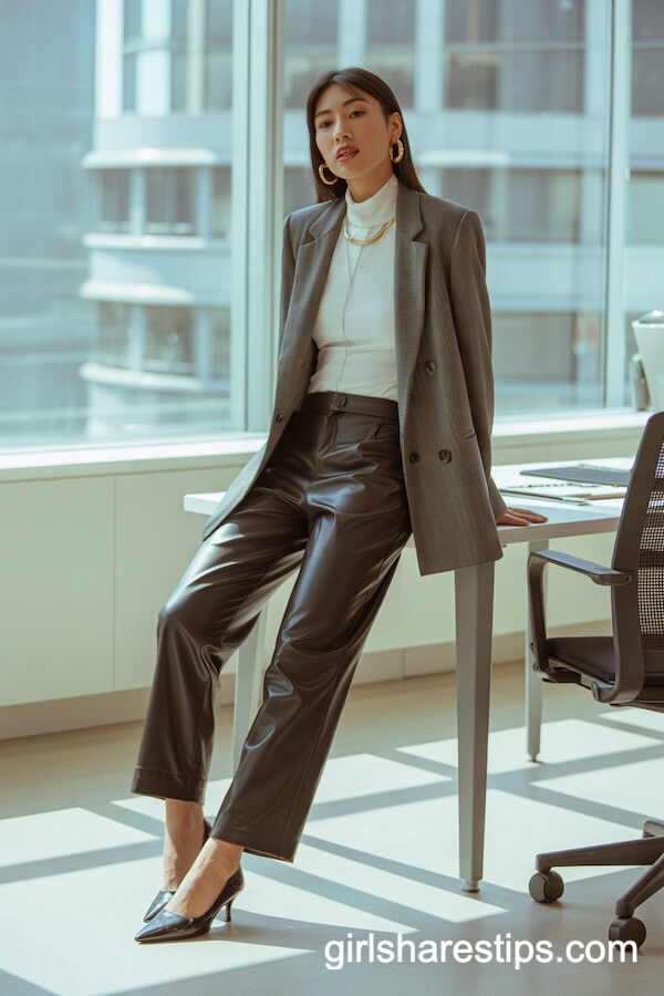 Black Faux Leather Pants and Grey Blazer
